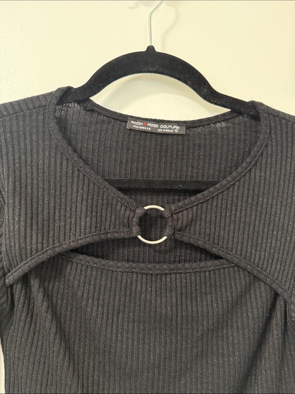 Rock Rose Couture | Black Ribbed Long-Sleeve Top with Silver O-Ring - Picture 2 of 6